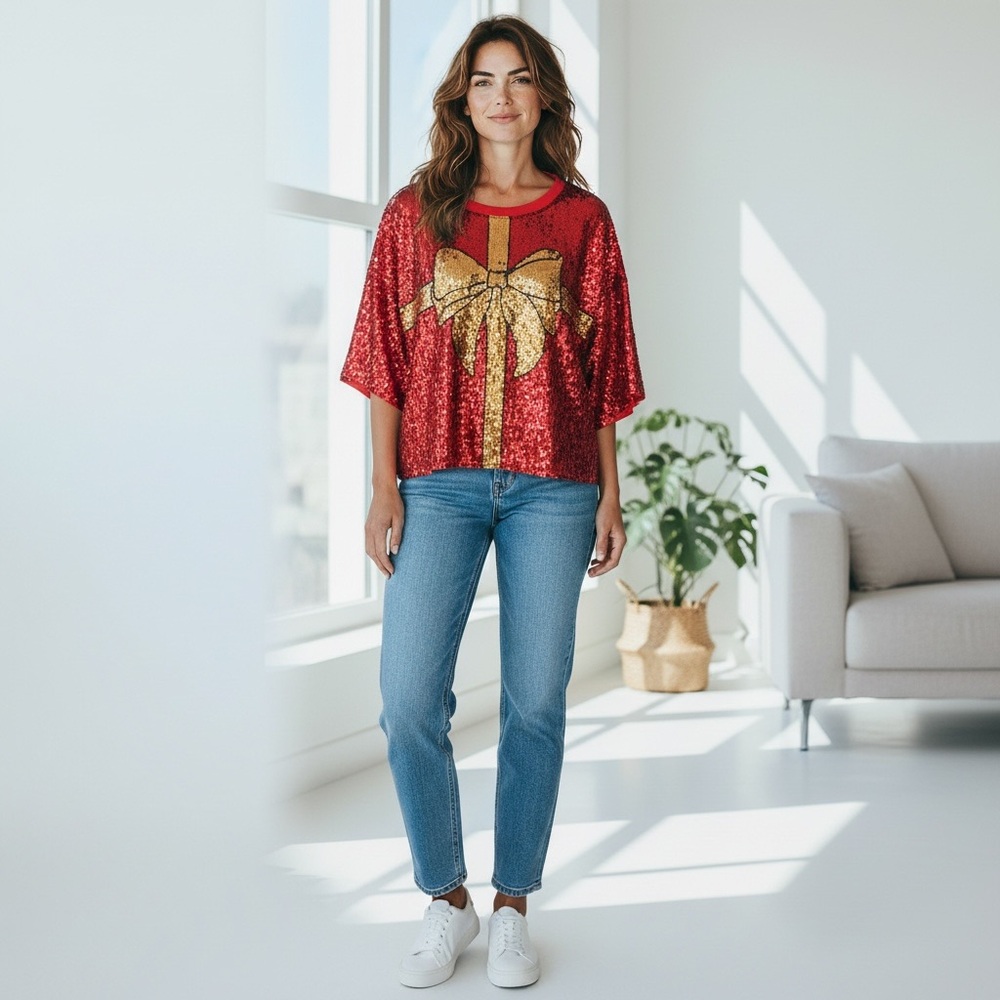 SIMPLY SOUTHERN PREPPY SEQUINS HOLIDAY BOW TOP T-SHIRT NWT